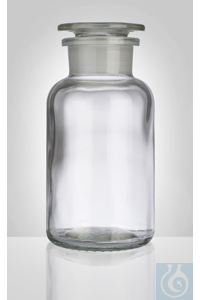 Stopfles, helder, brede hals, ronde schouder, 250 ml, NS 34/24, afm. Ø 69 x H 128 mm, compleet...